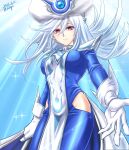  1girl blue_dress breasts dress duel_monster eyebrows_visible_through_hair gloves hair_between_eyes hat highres hip_vent large_breasts looking_at_viewer outstretched_hand red_eyes silent_magician silver_hair smile solo staff surcoat tokiwaao white_gloves wizard_hat yu-gi-oh! yu-gi-oh!_duel_monsters 