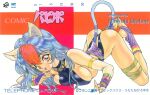  1990s_(style) 1994 1girl animal_ears armlet artist_name ass bangs blue_hair breasts bridal_gauntlets cat_ears cat_tail collar comic_papipo covered_nipples finger_licking gloves knees_apart_feet_together large_breasts licking logo long_hair multicolored_hair nail_polish orange_eyes original redhead sideboob solo tail telephone_card toeless_legwear toeless_socks tongue tongue_out top-down_bottom-up two-tone_hair utatane_hiroyuki 