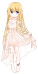  1girl anklet bangs bare_arms bare_shoulders barefoot blonde_hair blue_eyes blush closed_mouth collarbone dress eyebrows_visible_through_hair flower_girl_(yuuhagi_(amaretto-no-natsu)) full_body hair_between_eyes hair_ornament hairclip jewelry long_hair looking_at_viewer original pigeon-toed see-through simple_background skirt_hold sleeveless sleeveless_dress smile solo standing very_long_hair white_background white_dress x_hair_ornament yuuhagi_(amaretto-no-natsu) 