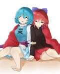  2girls barefoot black_shirt blue_hair blue_skirt blue_vest bow cape closed_eyes eyebrows_visible_through_hair hair_bow holding_hands knees_together_feet_apart long_sleeves multiple_girls open_mouth red_cape red_skirt redhead sekibanki shared_cape shared_clothes shirt short_hair side-by-side simple_background sitting skirt sleeping tatara_kogasa touhou tyouseki umbrella vest white_background yokozuwari 