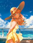  1girl absurdres alexi_ansell arm_behind_back arm_up bird blue_choker blue_eyes blue_sky breasts choker clouds cloudy_sky cowboy_shot dated dress from_side hat highres horizon long_hair looking_at_viewer medium_breasts neon_genesis_evangelion orange_hair outdoors signature sky solo souryuu_asuka_langley splashing water yellow_dress 