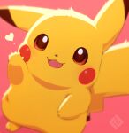  animal_ears blush commentary gen_1_pokemon heart looking_at_viewer no_humans no_sclera open_mouth pikachu pokemon pokemon_(creature) red_background red_eyes simple_background smile tail tsuji 