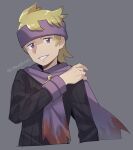  1boy artist_name black_sweater blonde_hair commentary_request grey_background gym_leader hand_on_own_shoulder hand_up looking_at_viewer male_focus momoji_(lobolobo2010) morty_(pokemon) pokemon pokemon_(game) pokemon_hgss purple_headband purple_scarf ribbed_sweater scarf simple_background sketch smile solo sweater upper_body violet_eyes 