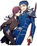  1boy 1girl 88_taho arm_around_waist armor bazett_fraga_mcremitz beads blue_hair bodysuit brown_hair collared_shirt cu_chulainn_(fate)_(all) earrings fate/hollow_ataraxia fate_(series) floating_hair formal gae_bolg_(fate) grin hair_beads hair_ornament holding holding_polearm holding_weapon jacket jewelry lancer long_hair long_sleeves looking_at_viewer muscular muscular_male necktie one_eye_closed pants pauldrons polearm ponytail purple_hair red_eyes shirt short_hair shoulder_armor simple_background skin_tight smile spiky_hair suit twitter_username weapon white_background 