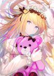  1girl arm_up bangs blonde_hair cagliostro_(granblue_fantasy) commentary_request dress eyebrows_visible_through_hair flower granblue_fantasy hair_flower hair_ornament head_tilt highres kayjae long_sleeves object_hug parted_lips puffy_long_sleeves puffy_sleeves rose solo stuffed_animal stuffed_toy teddy_bear upper_body violet_eyes white_dress white_flower white_rose 