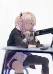  1girl ar-15 asymmetrical_legwear bangs bipod chair dress fingerless_gloves girls_frontline gloves gun hair_ornament highres jacket long_hair lynchis magazine_(weapon) multicolored_hair one_side_up pink_hair rifle sitting sleeves_rolled_up solo st_ar-15_(girls_frontline) streaked_hair table thigh_strap violet_eyes weapon white_background white_dress 