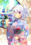  1girl ;) ahoge aiko_yakumo animal animal_on_hand bangs blue_kimono blurry blurry_background breasts bug butterfly butterfly_on_finger cloud_hair_ornament commentary_request depth_of_field egasumi eyebrows_visible_through_hair floral_print hair_between_eyes hair_ornament hand_up indie_virtual_youtuber insect japanese_clothes kimono kouu_hiyoyo lightning_bolt lightning_bolt_hair_ornament long_sleeves looking_at_viewer medium_breasts obi one_eye_closed ponytail print_kimono round_window sash silver_hair sleeves_past_wrists smile solo torii violet_eyes virtual_youtuber wide_sleeves window 