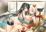  2girls :d arknights ass bangs bare_arms bare_legs bare_shoulders bead_bracelet beads black_hair bracelet braid breasts china_dress chinese_clothes commentary_request dress dusk_(arknights) hair_over_one_eye jewelry jiusan_naitan looking_at_viewer medium_breasts multicolored_hair multiple_girls nian_(arknights) nian_(unfettered_freedom)_(arknights) official_alternate_costume open_mouth parted_lips pointy_ears redhead siblings silver_hair sisters sleeveless sleeveless_dress smile streaked_hair thighs white_dress 