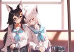  2girls absurdres ahoge animal_ear_fluff animal_ears bag bangs black_hair blue_neckwear blue_skirt blush borumete braid collarbone commentary_request eyebrows_visible_through_hair fox_ears fox_girl glasses hair_between_eyes hair_ornament hairclip highres hololive indoors long_hair long_sleeves looking_at_another multicolored_hair multiple_girls neckerchief ookami_mio open_mouth pleated_skirt redhead sailor_collar school_uniform serafuku shirakami_fubuki sidelocks single_braid sitting skirt sleeping smile two-tone_hair virtual_youtuber white_hair white_serafuku wolf_ears wolf_girl yellow_eyes 