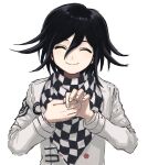  1boy bangs black_hair checkered checkered_scarf closed_eyes closed_mouth dangan_ronpa_(series) dangan_ronpa_v3:_killing_harmony facing_viewer hair_between_eyes hands_together hands_up jacket long_sleeves magic_trick male_focus ouma_kokichi own_hands_together renshu_usodayo scarf simple_background smile solo straitjacket upper_body white_background white_jacket 