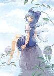  1girl bangs barefoot blue_dress blue_eyes blue_hair blue_sky blush bow cirno clouds commentary day dress from_behind grin hair_bow ice ice_wings leaf looking_at_viewer looking_back ookashippo outdoors petticoat pinafore_dress puffy_short_sleeves puffy_sleeves rock shirt short_hair short_sleeves sitting sitting_on_rock sky smile solo touhou tree_branch water white_shirt wings 