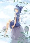  1girl bangs barefoot blue_dress blue_eyes blue_hair blue_sky blush bow cirno closed_eyes clouds commentary day dress facing_viewer from_behind grin hair_bow ice ice_wings leaf ookashippo outdoors petticoat pinafore_dress puffy_short_sleeves puffy_sleeves rock shirt short_hair short_sleeves sitting sitting_on_rock sky smile solo touhou tree_branch water white_shirt wings 