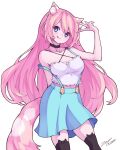  1girl :q animal_ears black_choker blue_eyes blue_skirt cat_ears choker closed_mouth commentary_request commission copyright_request hand_up heterochromia highres long_hair looking_at_viewer pink_hair scarlet_zel skirt smile solo suspenders tongue tongue_out v violet_eyes 