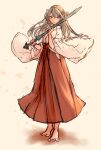  1girl absurdres alternate_costume barefoot black_hair commentary_request full_body hair_ornament hairband hairclip hakama haruna_(kancolle) headgear highres japanese_clothes kantai_collection long_hair miko red_hakama solo standing sword weapon wss_(nicoseiga19993411) 