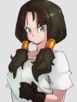  1girl black_gloves black_hair blue_eyes closed_mouth dragon_ball dragon_ball_z fingerless_gloves gloves grey_background kemachiku long_hair looking_at_viewer shirt short_sleeves simple_background solo t-shirt twintails videl white_shirt 
