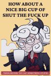  1girl black_gloves black_suit clipboard coffee_mug cup curly_hair english_text glasses gloves helltaker highres horns looking_at_viewer meme mug pandemonica_(helltaker) pinky_out profanity red_eyes red_shirt shirt sillyzer0 smirk steam white_hair 