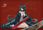 1girl absurdres arknights bare_shoulders black_hair dress dusk_(arknights) hair_over_one_eye highres holding holding_weapon horns jacket jtssjjwr looking_at_viewer pointy_ears red_eyes sitting solo weapon 