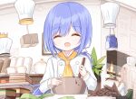  2girls :d ^_^ bangs blue_hair bowl bunny_girl_(yuuhagi_(amaretto-no-natsu)) candy chef_hat chocolate chocolate_bar ciela_(yuuhagi_(amaretto-no-natsu)) closed_eyes eyebrows_visible_through_hair food hair_between_eyes hair_ornament hair_scrunchie hat indoors long_hair long_sleeves mixing_bowl multiple_girls open_mouth original scrunchie shirt sleeves_past_wrists smile solo_focus upper_body very_long_hair white_hair white_headwear white_scrunchie white_shirt yellow_neckwear yuuhagi_(amaretto-no-natsu) 