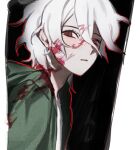  alternate_eye_color bangs black_background blood blood_on_face bloody_clothes closed_mouth dangan_ronpa_(series) dangan_ronpa_2:_goodbye_despair from_side green_jacket hood hood_down hooded_jacket jacket komaeda_nagito looking_at_viewer male_focus open_clothes open_jacket outline red_eyes red_outline serious shirt short_hair solo sudan_73_p upper_body white_background white_hair 