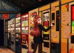  1girl absurdres bangs black_eyes black_shirt blunt_bangs blush bottle brown_hair door feet_out_of_frame hairband hand_up highres index_finger_raised leaf long_hair long_sleeves original ryzrock shirt solo vending_machine 