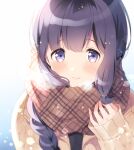  1girl black_hair blush braid brown_scarf closed_mouth eyebrows_visible_through_hair gradient gradient_background highres kantai_collection kitakami_(kancolle) komi_zumiko light_smile long_hair long_sleeves looking_at_viewer portrait scarf single_braid snowflakes solo violet_eyes 