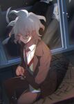  2boys bangs brown_jacket brown_pants closed_mouth collared_shirt commentary_request dangan_ronpa_(series) dangan_ronpa_3_(anime) feet_out_of_frame formal from_above grey_hair highres hope&#039;s_peak_academy_school_uniform jacket komaeda_nagito long_sleeves male_focus medium_hair messy_hair midou_(grk12138) multiple_boys necktie open_clothes open_jacket pants red_neckwear school_uniform shirt sitting solo_focus vest white_shirt 