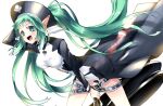  1girl aqua_eyes bangs black_headwear breasts demonbane elsa_(demonbane) hat holding holding_weapon long_hair open_mouth pointy_ears small_breasts solo twintails very_long_hair weapon white_background yuuheisyoujyo 