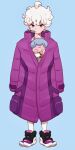 1boy ahoge bangs bede_(pokemon) blonde_hair blue_background chiyo_(ppp_808) closed_mouth coat curly_hair gen_8_pokemon hatenna highres long_sleeves looking_at_viewer male_focus pokemon pokemon_(creature) pokemon_(game) pokemon_swsh purple_coat shoes short_hair simple_background standing symbol_commentary violet_eyes watch watch 