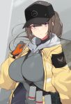  1girl alternate_breast_size bangs baseball_cap between_breasts blue_eyes blunt_bangs breasts brown_hair deele_(girls_frontline) genderswap genderswap_(mtf) girls_frontline hat highres hood hoodie huge_breasts long_hair ponytail smoke_grenade solo strap_between_breasts yanje 