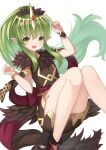  1girl :d absurdres arm_up bangs brown_dress commentary_request dress eyebrows_behind_hair feet_out_of_frame fire_emblem fire_emblem_heroes floating_hair fur-trimmed_dress fur_trim green_eyes green_hair hair_between_eyes hako_momiji hand_up headpiece high_ponytail highres knees_together_feet_apart knees_up long_hair looking_at_viewer open_mouth ponytail simple_background smile solo tiki_(fire_emblem) upper_teeth very_long_hair white_background 