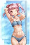  1girl abs arms_behind_head bikini blue_bikini breasts collarbone commentary_request cowboy_shot hair_bobbles hair_ornament kantai_collection looking_at_viewer navel one_eye_closed pink_eyes pink_hair sazanami_(kancolle) short_hair small_breasts solo swimsuit thigh_gap twintails uranoko water 