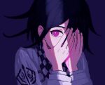  1boy bangs black_hair blue_background checkered checkered_scarf dangan_ronpa_(series) dangan_ronpa_v3:_killing_harmony face flipped_hair hands_on_own_face jacket long_sleeves looking_at_viewer male_focus nail_polish ouma_kokichi renshu_usodayo scarf short_hair simple_background solo upper_body violet_eyes white_jacket 