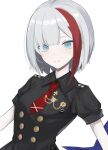  1girl a_iri_a admiral_graf_spee_(azur_lane) admiral_graf_spee_(maiden&#039;s_sunday)_(azur_lane) azur_lane black_shirt blue_eyes blush closed_mouth collared_shirt eyebrows_visible_through_hair looking_at_viewer medium_hair multicolored_hair necktie pale_skin red_neckwear shirt sidelocks silver_hair sleeves smile solo_focus streaked_hair white_background 