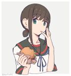  1girl anchor_symbol bangs black_sailor_collar blue_eyes blue_neckwear cropped_torso eyebrows_visible_through_hair finger_licking food fubuki_(kancolle) grey_background hamburger holding holding_food kantai_collection licking low_ponytail nakaaki_masashi ponytail remodel_(kantai_collection) sailor_collar school_uniform serafuku short_ponytail short_sleeves simple_background solo twitter_username upper_body 