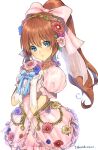  1girl blue_eyes brown_hair closed_mouth dress gloves long_hair looking_at_viewer murata_tefu ponytail precis_neumann simple_background smile solo star_ocean star_ocean_anamnesis star_ocean_the_second_story white_background 