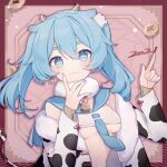  +_+ 1girl 2021 absurdres animal_ears animal_print bangs bell blue_eyes blue_hair blue_nails blue_neckwear blue_sailor_collar breasts chinese_zodiac commentary_request cow_ears cow_girl cow_horns cow_print cow_tail crop_top earrings eta eyebrows_behind_hair fur-trimmed_jacket fur_collar fur_trim hair_between_eyes highres horns huge_filesize jacket jewelry long_sleeves looking_at_viewer medium_breasts nail_polish necktie new_year off_shoulder open_clothes open_jacket original print_jacket sailor_collar shirt short_eyebrows sleeveless sleeveless_shirt sleeves_past_wrists solo tail thick_eyebrows twintails under_boob upper_body white_jacket white_shirt year_of_the_ox 