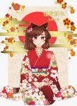  1girl absurdres alternate_costume alternate_hairstyle animal_ear_fluff animal_ears brown_hair floral_print flower hair_flower hair_ornament hair_up highres imaizumi_kagerou japanese_clothes kimono knnet long_hair looking_at_viewer moon nail_polish obi red_eyes red_flower red_kimono red_moon red_nails sash sitting smile solo tagme touhou translation_request wolf_ears 