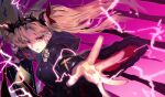  1girl arms_at_sides bangs black_dress black_robe bleeding blonde_hair blood blood_on_face breasts commentary cuts dress electricity ereshkigal_(fate) fate/grand_order fate_(series) fixro2n floating_hair foreshortening from_side frown hair_intakes hair_ribbon highres hood hood_down hooded_dress hooded_robe injury layered_sleeves long_hair long_sleeves looking_at_viewer open_hand outstretched_arms outstretched_hand parted_bangs parted_lips pink_background planted_weapon reaching_out red_eyes red_ribbon ribbon serious shaded_face skull small_breasts solo spread_arms spread_fingers sun_print tiara two_side_up upper_body weapon wide_sleeves 
