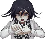  1boy bangs black_eyes black_hair checkered checkered_scarf dangan_ronpa_(series) dangan_ronpa_v3:_killing_harmony hair_between_eyes hands_together jacket long_sleeves looking_at_viewer magic_trick male_focus open_mouth ouma_kokichi own_hands_together renshu_usodayo scarf short_hair simple_background solo straitjacket sweat teeth upper_body white_background white_jacket 