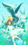  1girl absurdres aqua_eyes bare_legs barefoot bottle dress hat highres holding holding_bottle huge_filesize magicolorful00 open_mouth original ramune short_sleeves signature solo splashing straw_hat whale white_dress wide_shot 