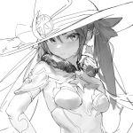  1girl bangs breasts cape closed_mouth detached_sleeves earrings fur_trim genshin_impact greyscale hair_between_eyes hair_ribbon hat jewelry lard_(kumazakiyuta) leotard long_hair looking_at_viewer mona_(genshin_impact) monochrome ribbon simple_background sketch small_breasts solo twintails upper_body witch_hat 