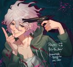  1boy bangs baru_(bar_0405) blood coat collarbone commentary_request dangan_ronpa_(series) dangan_ronpa_2:_goodbye_despair finger_on_trigger green_coat green_eyes grey_eyes grey_hair gun hair_between_eyes handgun hands_up happy_birthday highres holding holding_gun holding_weapon hooded_coat index_finger_raised komaeda_nagito long_sleeves looking_at_viewer male_focus messy_hair multicolored multicolored_background open_clothes open_coat parted_lips pink_blood print_shirt shirt short_hair smile solo teeth upper_body weapon white_hair 