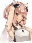  1girl arknights arm_up armor armpits barcode_tattoo bare_shoulders blush breastplate bright_pupils brown_eyes closed_mouth cropped_torso gravel_(arknights) hand_in_hair headset idashige_(walkietalkie) kingdom_of_kazimierz_logo long_hair looking_at_viewer pink_hair shoulder_tattoo simple_background sleeveless smile solo tattoo upper_body white_background 