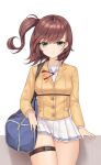  1girl bag blue_eyes brown_hair character_request duffel_bag hair_bobbles hair_ornament highres jacket kbn317 last_origin long_sleeves looking_at_viewer medium_hair side_ponytail simple_background skirt solo standing thigh_strap white_background white_skirt yellow_jacket 