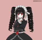  1girl 3tn_63 bangs black_hair black_jacket black_nails black_skirt blush_stickers bonnet celestia_ludenberg closed_mouth cowboy_shot dangan_ronpa:_trigger_happy_havoc dangan_ronpa_(series) drill_hair earrings eyebrows_visible_through_hair frills gothic_lolita hair_between_eyes hand_up jacket jewelry lace-trimmed_skirt lace_trim layered_skirt lolita_fashion long_hair long_sleeves looking_at_viewer neck_ribbon necktie pink_background print_neckwear red_eyes red_neckwear ribbon simple_background skirt smile solo translation_request twin_drills twintails 