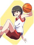  1girl absurdres alternate_costume ball bangs basketball basketball_uniform brown_eyes brown_hair girls_und_panzer highres holding holding_ball isobe_noriko looking_at_viewer open_mouth red_shorts shirt short_hair shorts smile solo sportswear white_shirt yougata 