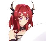  1girl arknights bangs bare_shoulders chinese_commentary commentary_request eyebrows_visible_through_hair eyelashes eyeshadow horns long_hair makeup nengliang_shengmingti partial_commentary redhead simple_background solo surtr_(arknights) upper_body violet_eyes white_background 