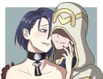  1boy 1girl bare_shoulders black_nails blush brown_eyes choker closed_mouth drawnonymous fire_emblem fire_emblem:_three_houses fire_emblem_heroes gloves hand_on_another&#039;s_face hand_on_another&#039;s_shoulder highres kiran_(fire_emblem) looking_at_another open_mouth shamir_nevrand smile upper_body 