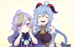  2girls ^_^ ^o^ alternate_hairstyle bare_shoulders bell blue_hair blush bow braid braided_ponytail chocorut closed_eyes cowbell ganyu_(genshin_impact) genshin_impact hair_bow happy highres horns jiangshi multiple_girls ponytail purple_hair qiqi_(genshin_impact) violet_eyes 