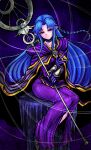  1990s_(style) blue_hair evil_smile fate/grand_order fate/stay_night fate_(series) gloves grin highres holding holding_staff lipstick long_hair makeup medea_(fate) nazo_no_diaboro pointy_ears purple_gloves retro_artstyle robe sitting smile solo staff violet_eyes wand witch 